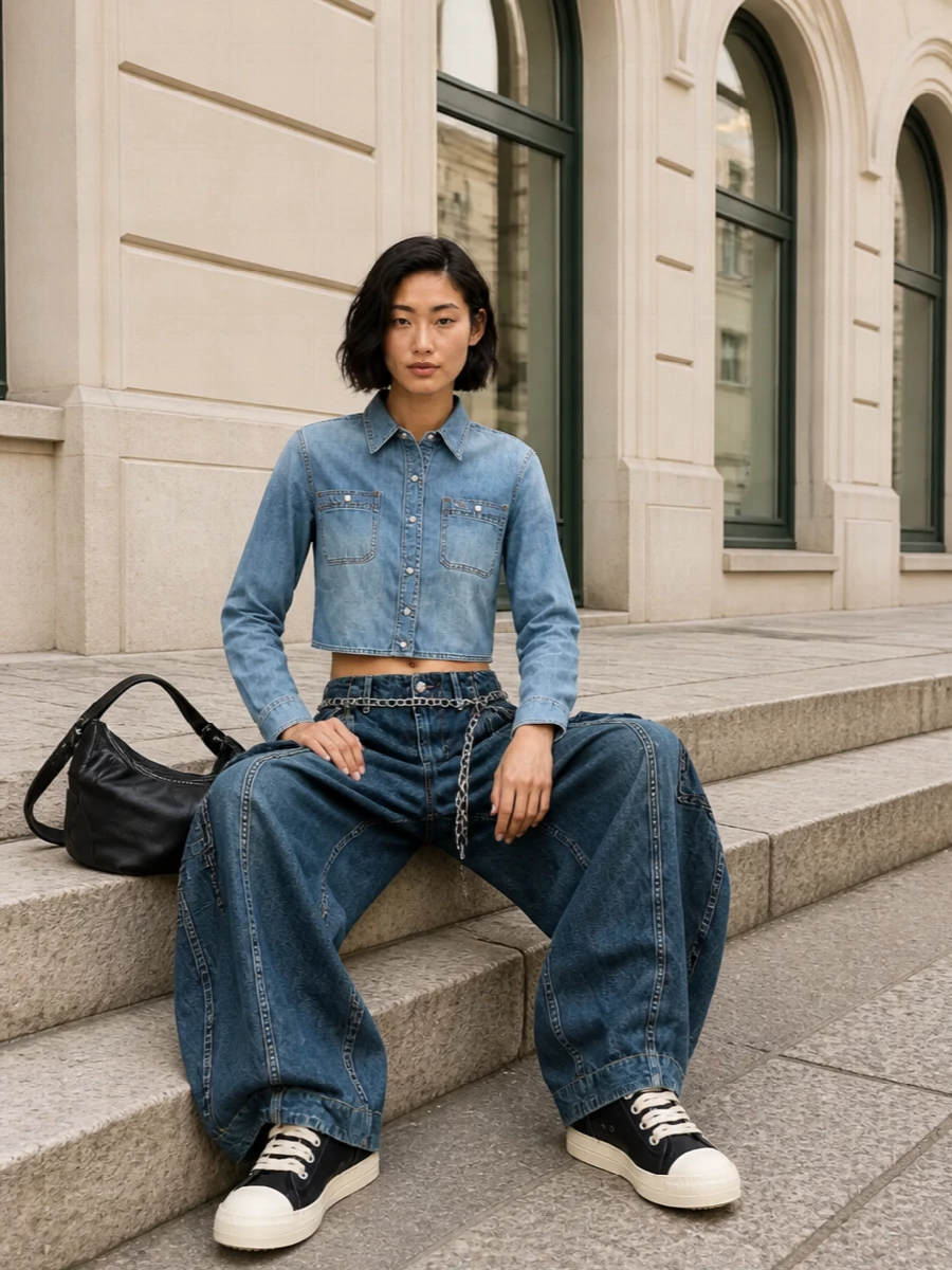 R13 wide leg cargo jeans cropped denim shirt