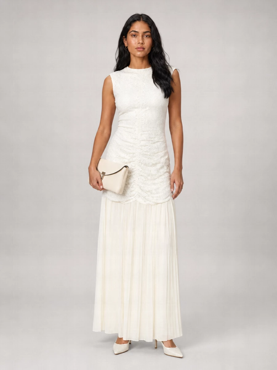 Rotate Lace Sleeveless Gathered Maxi Dress