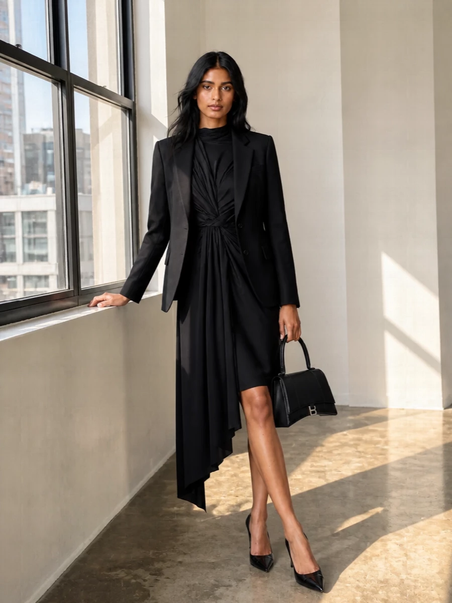 Balenciaga black blazer draped midi dress outfit