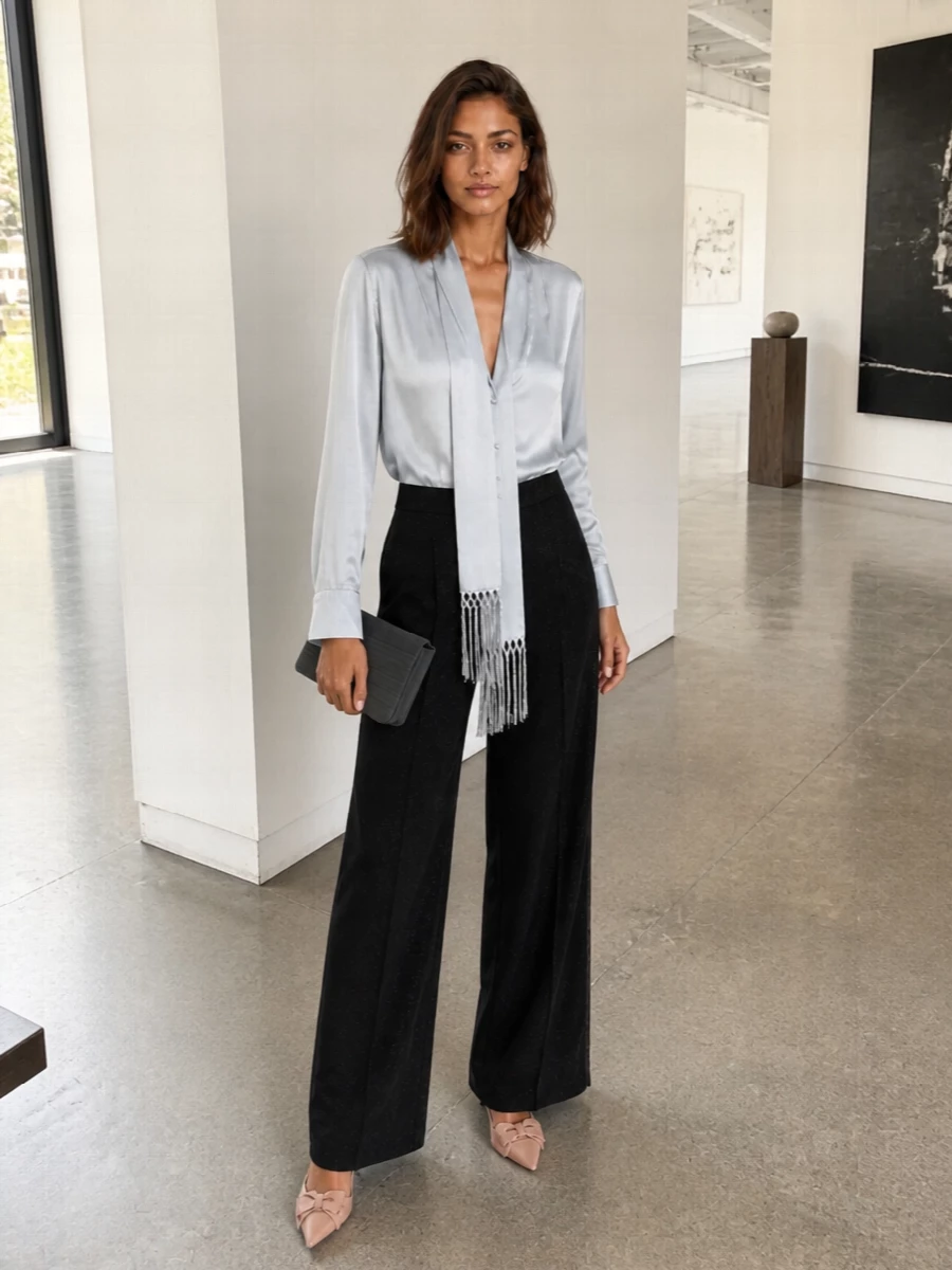 Ice-blue satin and tailored black create a quiet, evening-ready contrast that feels fluid rather than strict. The gently pleated trouser and scarf-detail blouse move together, giving the outfit a soft, elongated line. Nude-blush heels and a charcoal clutch keep the palette refined and low contrast so the play of light on the fabrics stays center stage.