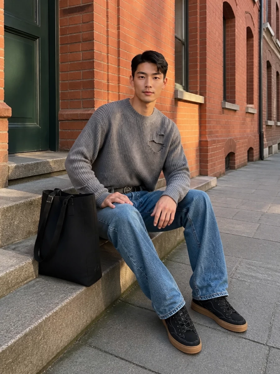 Haikure jeans grey knit autry sneakers outfit