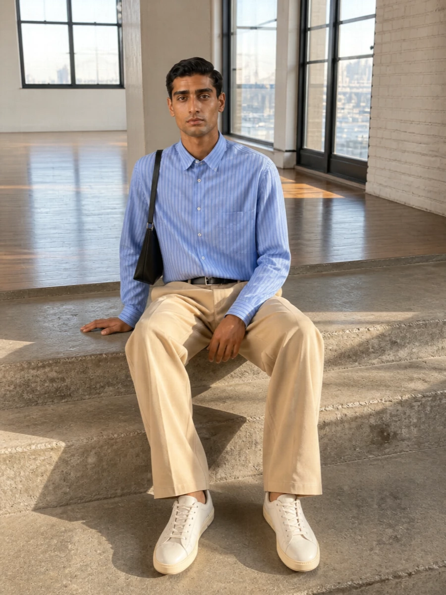Lanvin striped shirt camel trousers sneakers