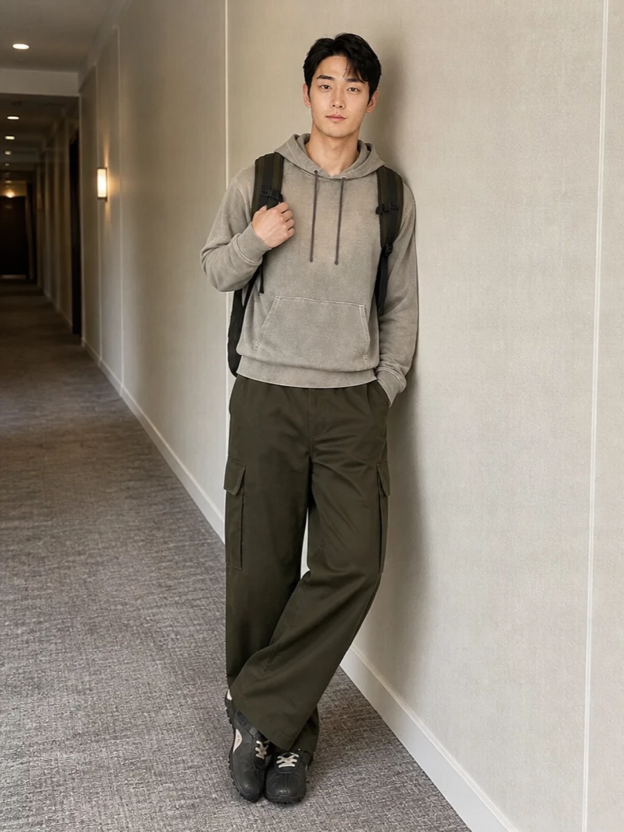 A stone-washed Margiela hoodie sits against structured Valentino olive cargos for a quiet, utilitarian take on city dressing. The high-rise wide leg balances the cropped top, while Margiela’s low-profile runners keep the palette neutral and the silhouette clean. It is relaxed enough for travel but polished enough for a design studio day or understated dinner.
