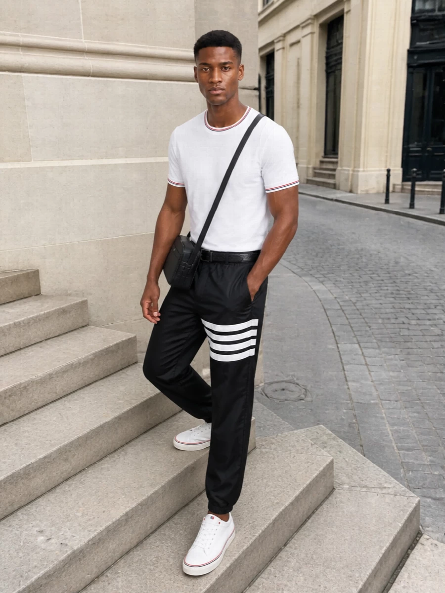 Thom browne track pants white tee sneakers outfit