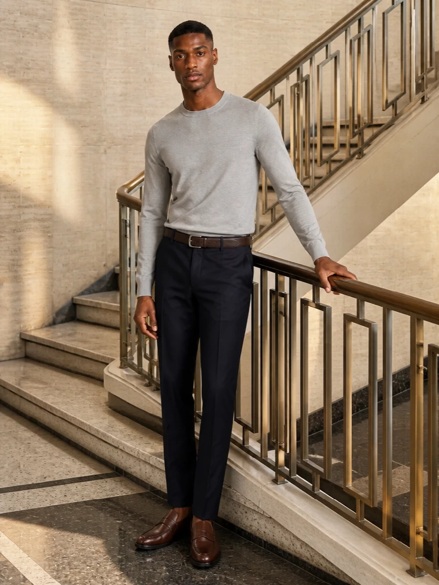 Eleventy navy trousers grey knit brown loafers
