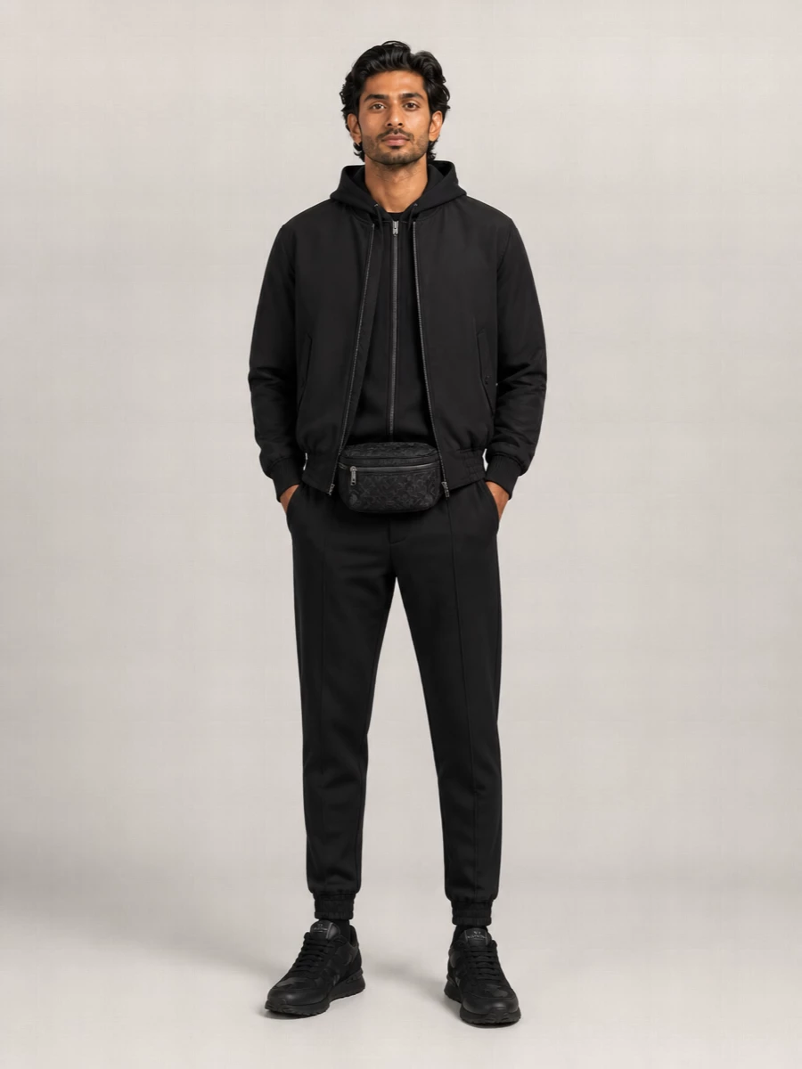 A monochrome Valentino Garavani set that feels like a luxury answer to the track suit, all in deep black and charcoal with clean, athletic lines. The bomber, structured zip hoodie and tapered joggers create a sharp column, finished with stealth runners and a low-profile belt bag that keep it urban and precise without any loud branding. It is the kind of streetwear you can wear from airport transit to city evenings and still feel considered.