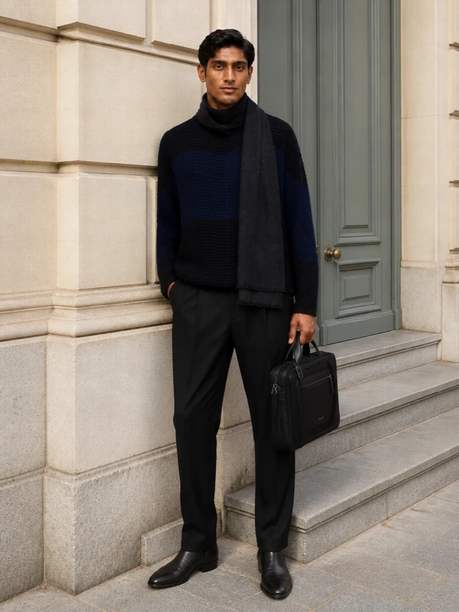 Armani navy turtleneck black tailored trousers