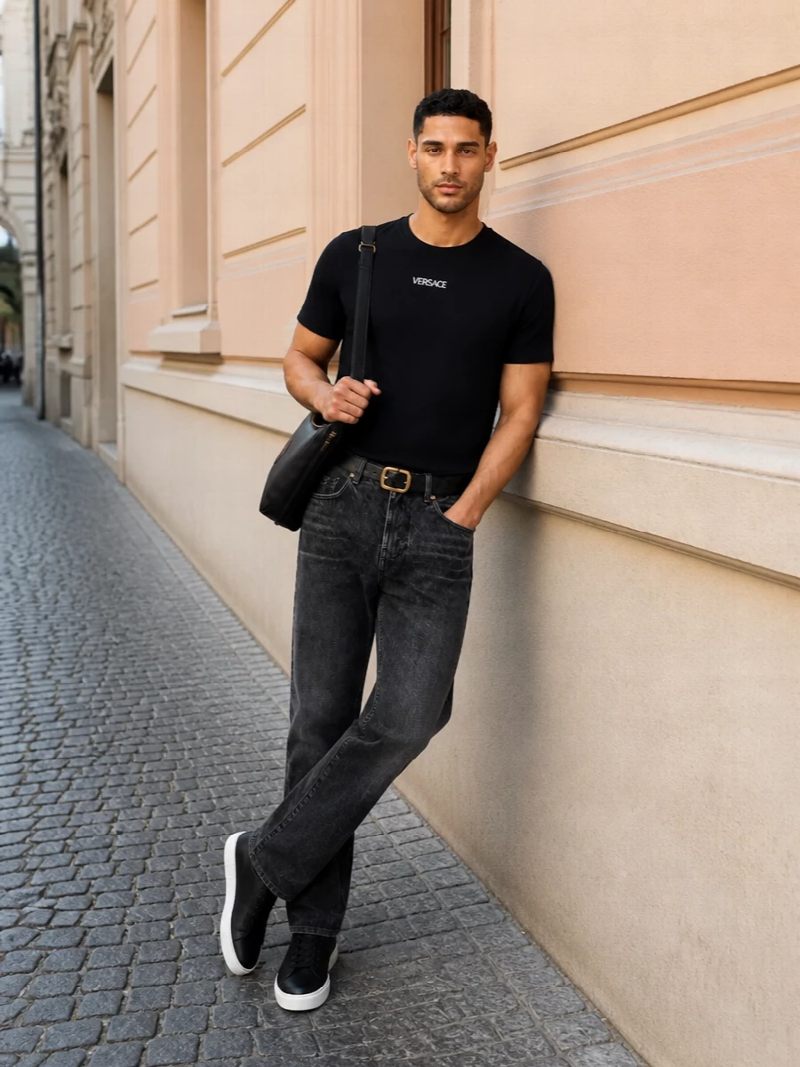 Versace black tee charcoal jeans streetwear outfit