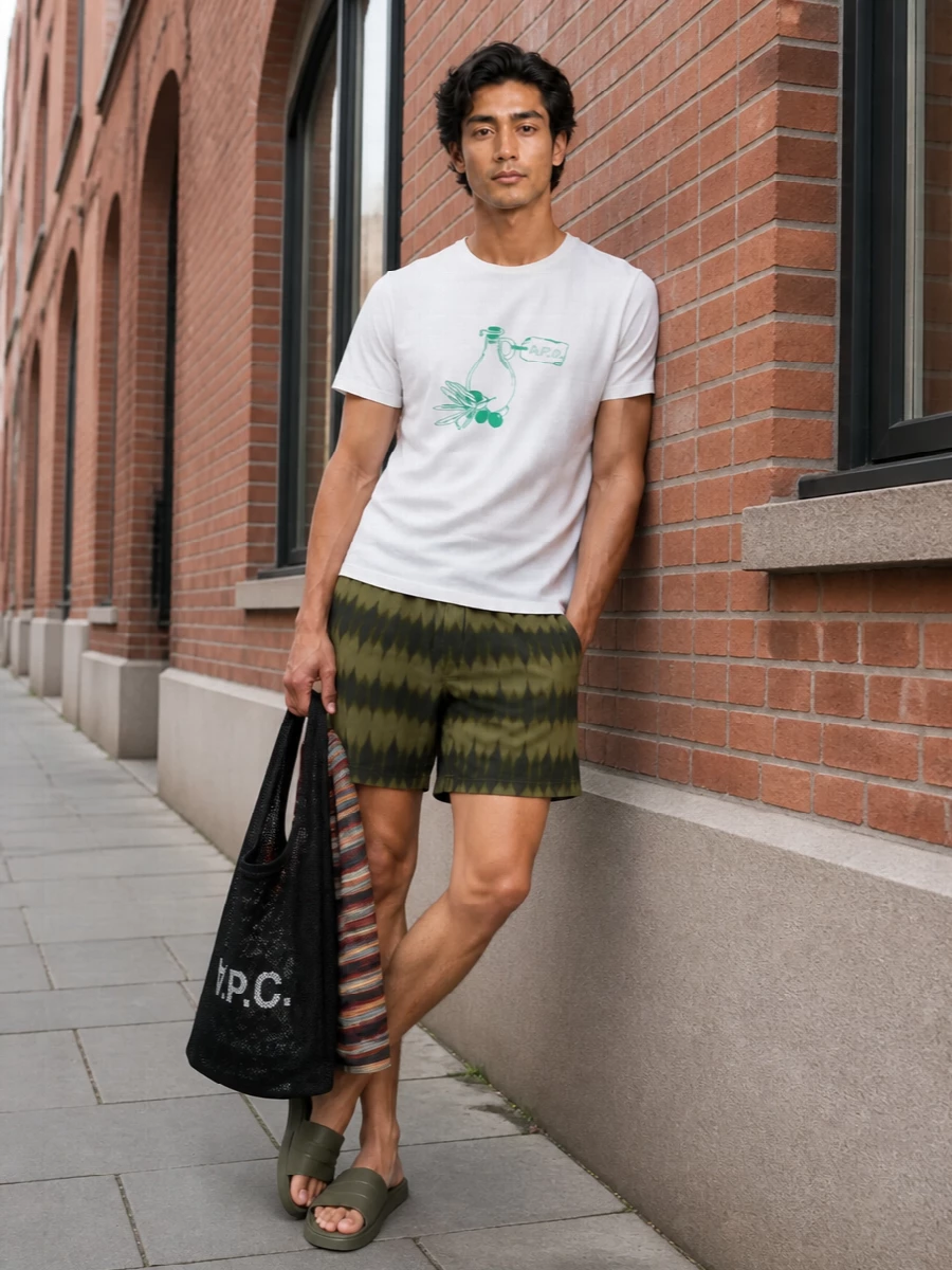 A.P.C.’s olive patterned swim short meets a crisp white graphic tee for a clean, coastal pairing that still feels considered in the city. Moncler slides keep the green story running head to toe, while a mesh shopper and striped towel underline the relaxed, quietly graphic beach uniform. The result is modern resort dressing that feels easy in practice and precise in palette.