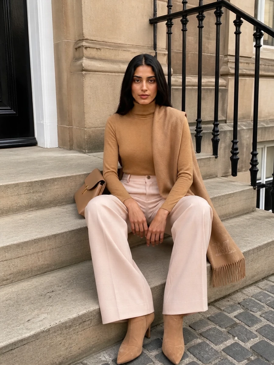 Kiton camel turtleneck blush wide leg trousers