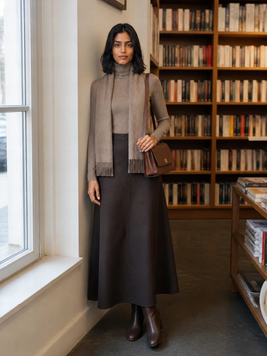 Max mara taupe turtleneck chocolate maxi skirt