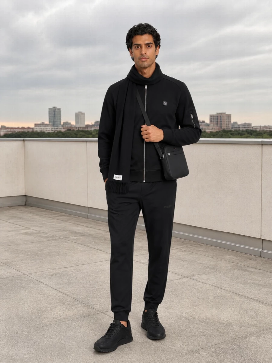 Boss black bomber technical track pants outfit