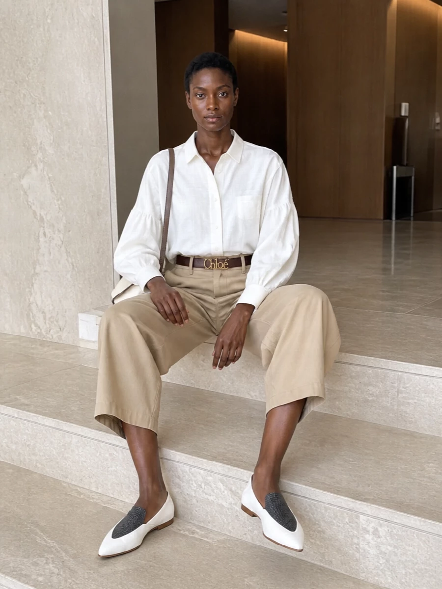 Sand ballooned chinos are sharpened with a crisp white Sacai shirt, worn loose to echo the volume but anchored with a slim chocolate belt at the waist. Graphic white-and-charcoal pointed loafers and a compact ivory shoulder bag keep the palette calm and neutral, reading polished rather than casual. The result is a quietly architectural pairing that feels ideal for city days where you want ease and precision in equal measure.