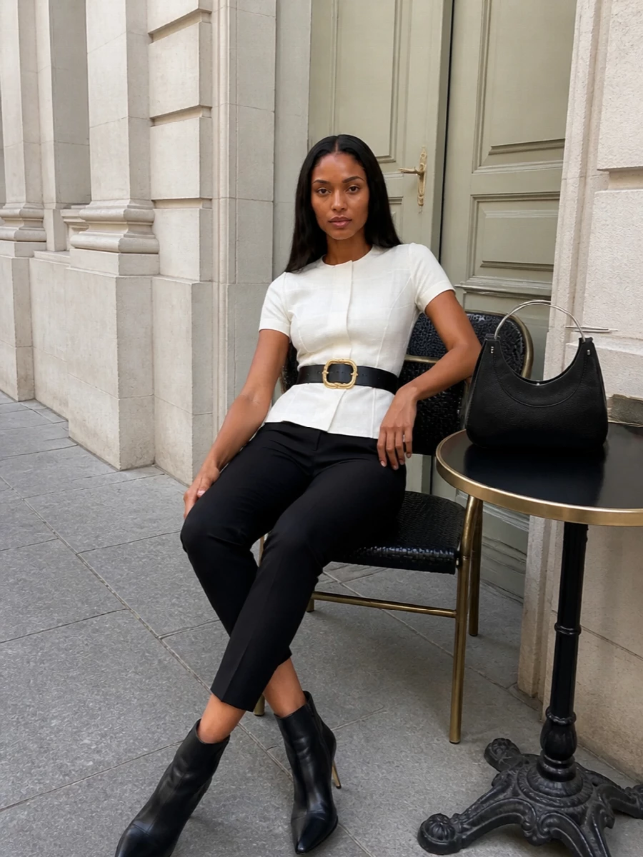 Alexander mcqueen black trousers ivory blouse outfit