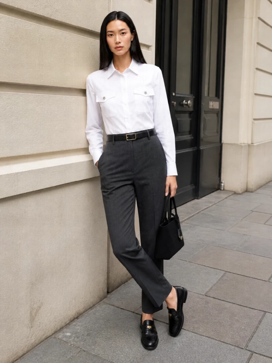 Charcoal suit trousers white shirt outfit