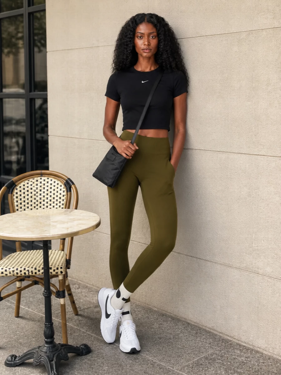 Nike black tee olive leggings white sneakers