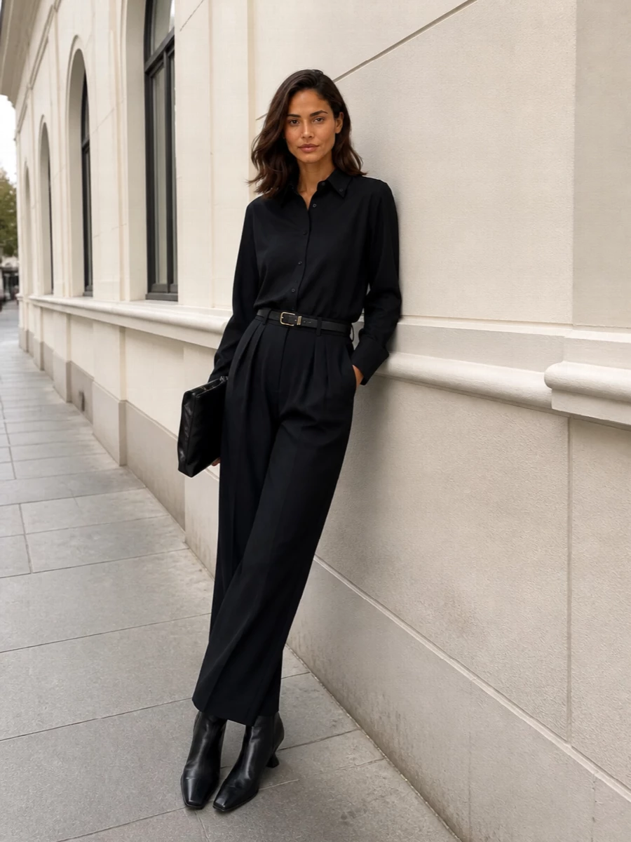 Dries van noten black shirt wide leg trousers outfit