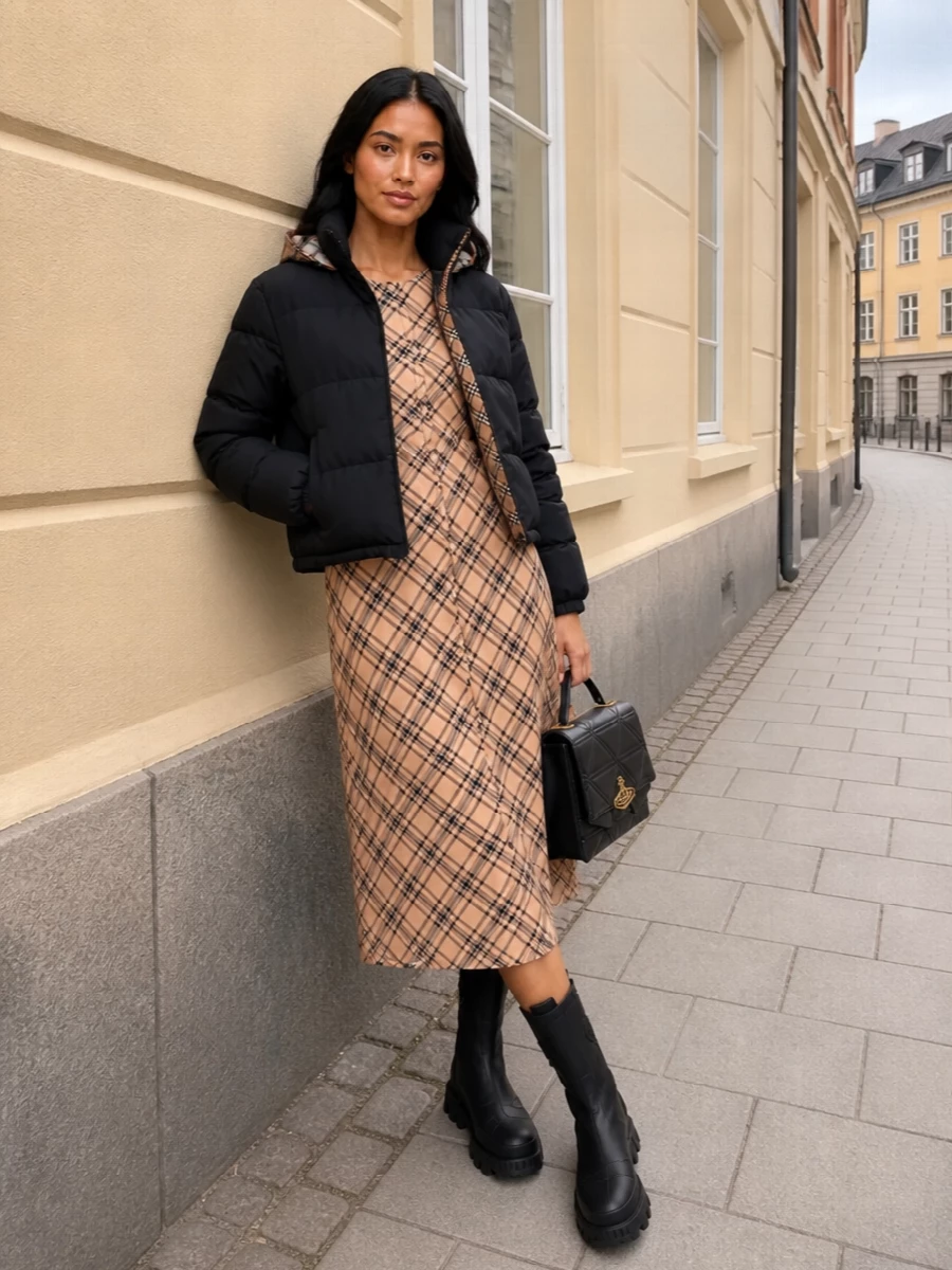 This is a city winter uniform built around graphic check and clean technical lines. The checked Ami dress riffs on the Burberry puffer’s heritage palette, while Moncler boots and a structured black top‑handle keep it grounded in streetwise quiet luxury. I chose the dress route over separates to keep the silhouette simple and strong under the cropped puffer, letting the outerwear and checks do the talking without extra bulk at the waist.
