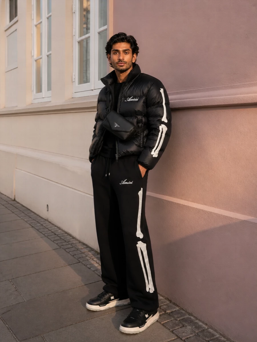 Amiri skeleton puffer matching sweatpants outfit
