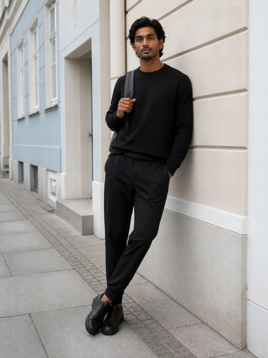 Boss black track pants sweatshirt sneakers outfit