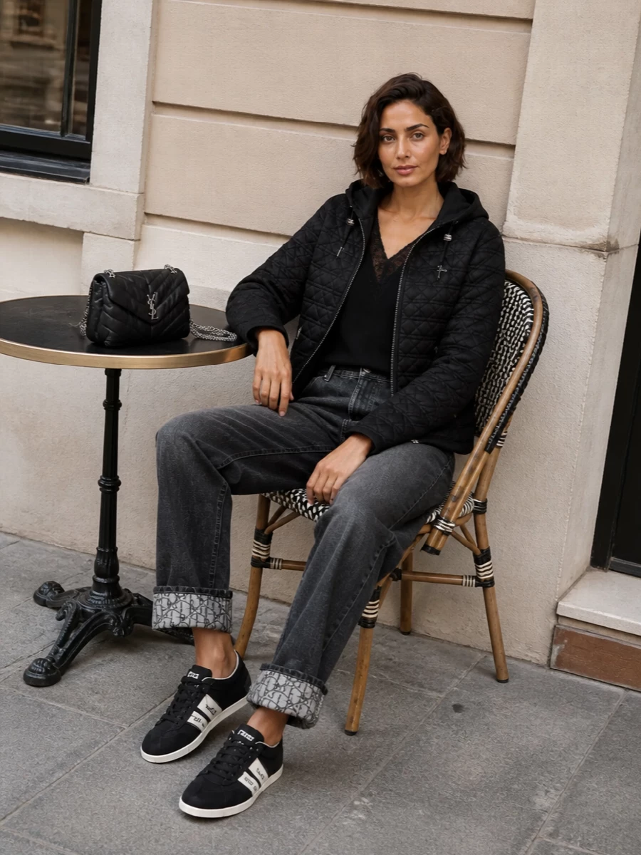 Dior quilted jacket straight jeans sneakers