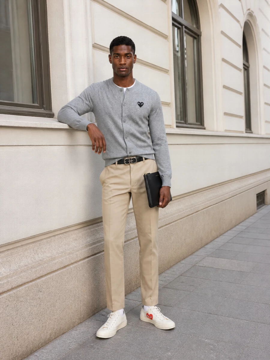 Comme des garcons play cardigan apc chinos outfit