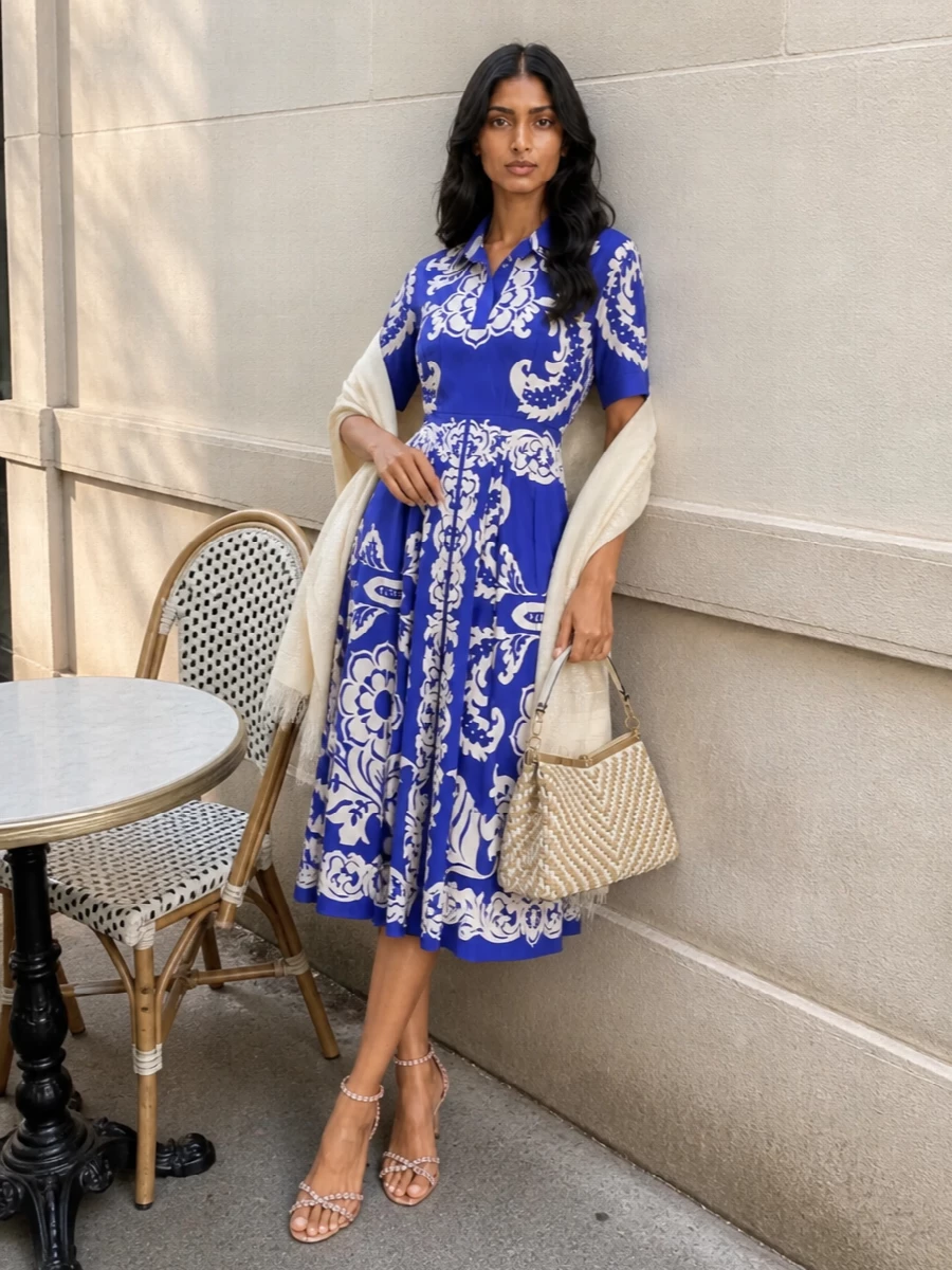 Etro shirt dress metallic sandals raffia bag