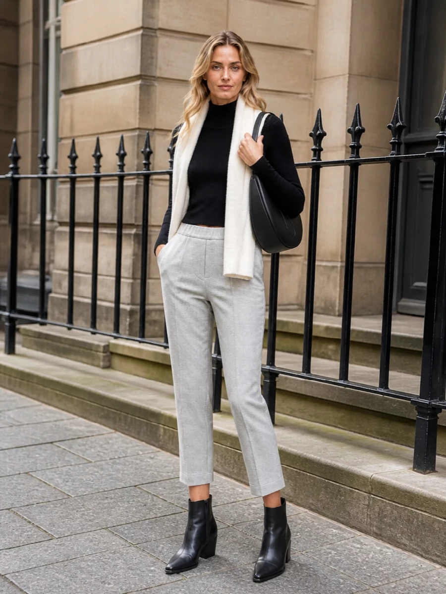 Alysi black mock neck grey cropped trousers outfit