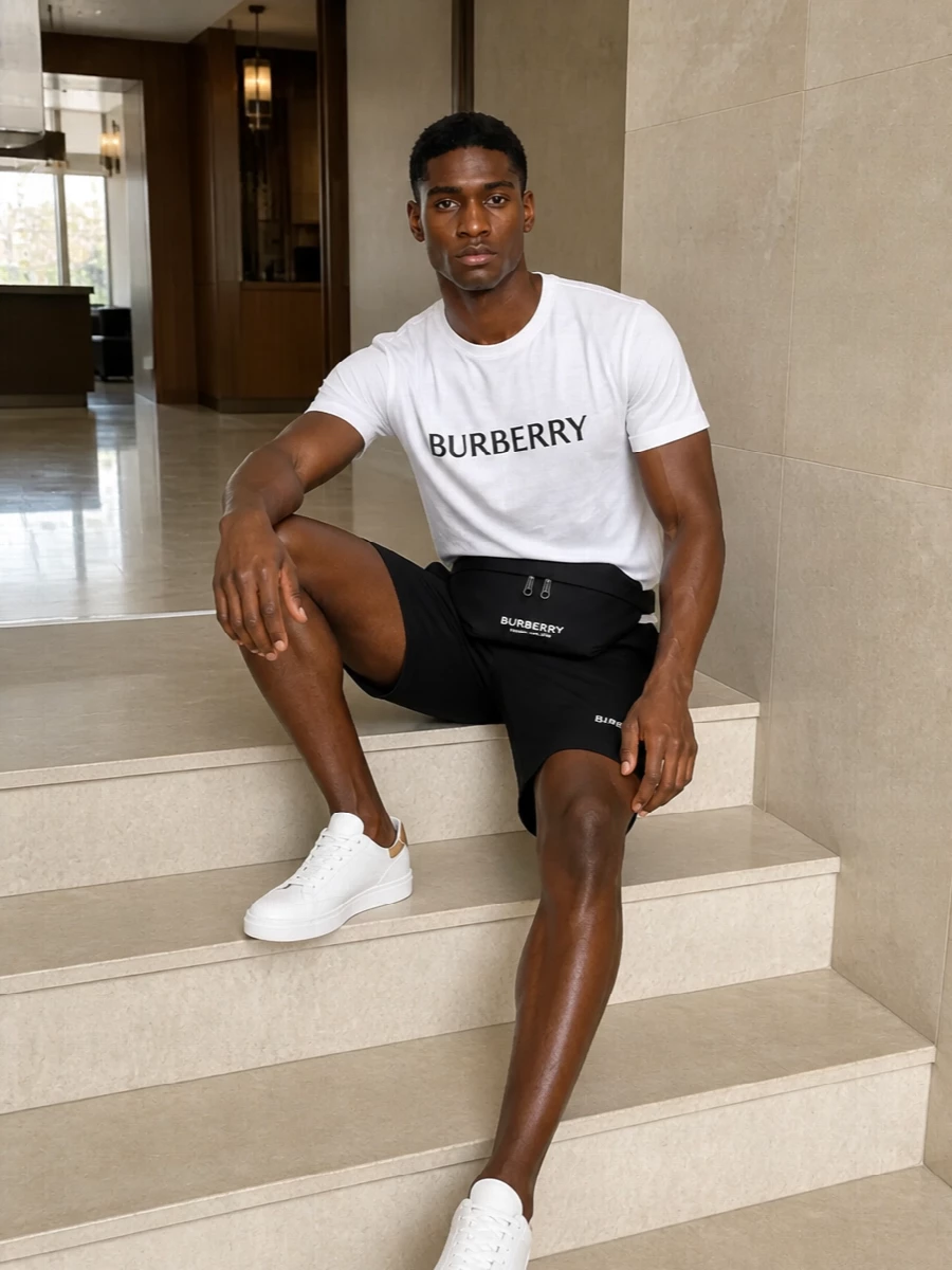 A crisp white logo tee and black chino shorts create a tight monochrome story that feels easy, modern and quietly branded. White leather sneakers brighten the palette while staying streamlined, and the belt bag introduces a graphic logo hit that reinforces the streetwear edge without overwhelming the simplicity. The result is a clean Burberry uniform for warm days, sharp enough for the city yet relaxed in attitude.