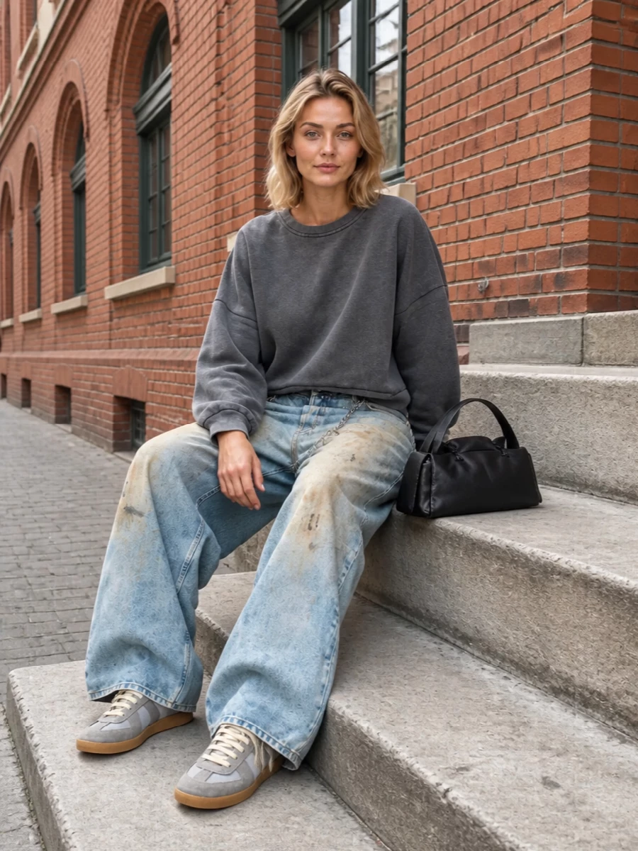 Acne studios wide leg jeans cropped sweatshirt outfit