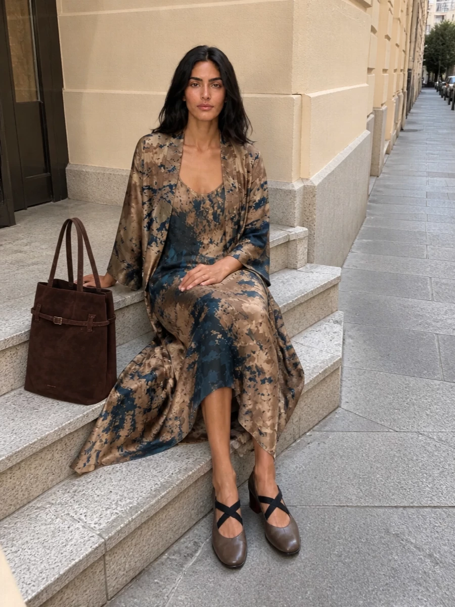 Uma wang floral slip dress coat pumps