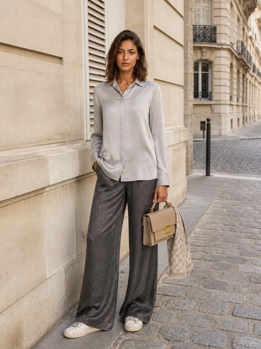 Golden goose wide leg pants grey shirt sneakers