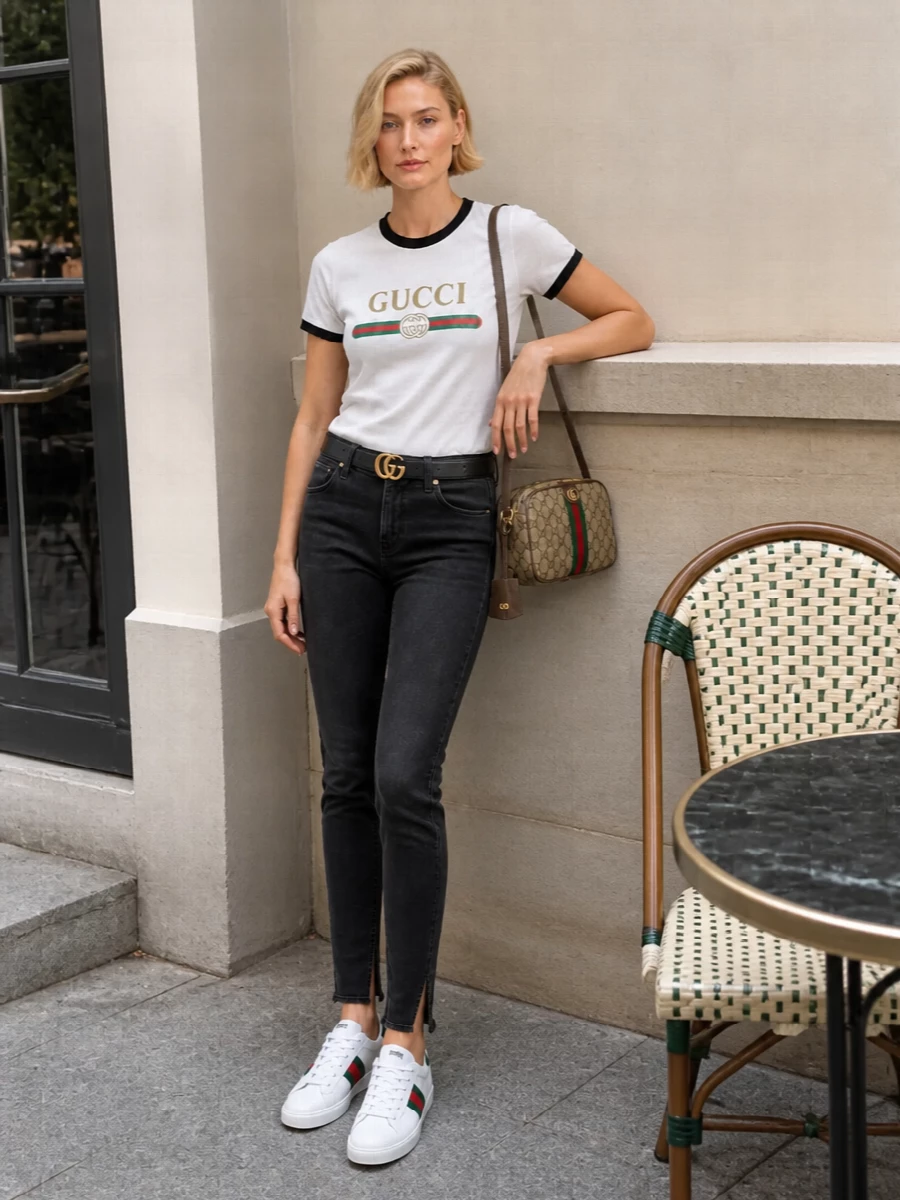 Gucci logo tee charcoal skinny jeans outfit