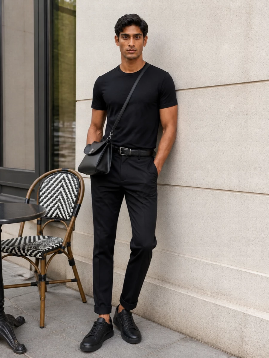 Balmain’s black tee is paired with sharp cuffed trousers in the same inky tone for a clean, minimal take on smart streetwear. All-black Prada sneakers and a slim leather belt keep the line uninterrupted, while a structured Balenciaga crossbody adds just enough architecture and utility. The result is a monochrome city uniform that moves easily from day to night without losing its understated edge.