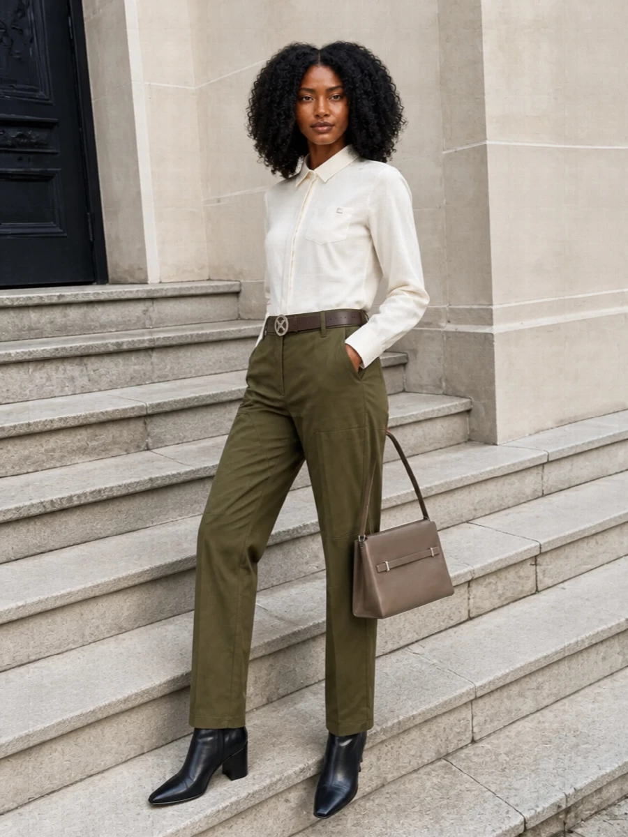 Tory burch olive trousers ivory shirt black boots