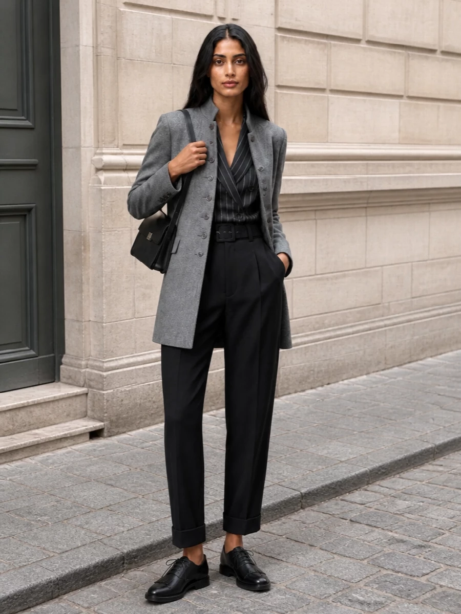 Max mara grey coat tailored trousers outfit