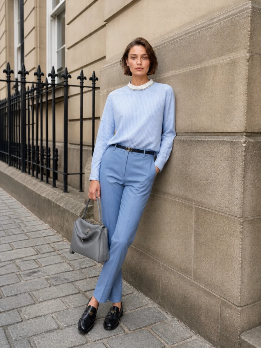 Striped longline shirt powder blue tailored pants