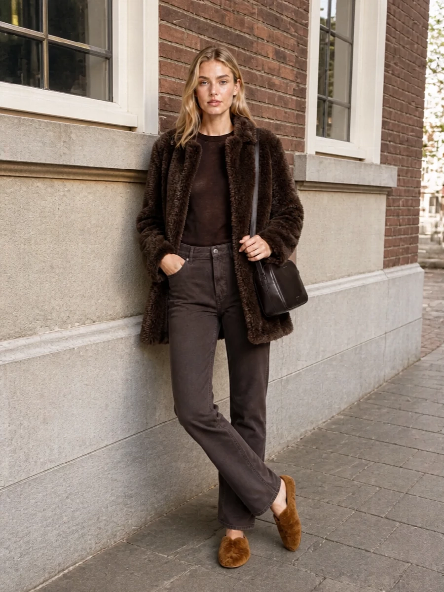 I am building around the coat as a cozy, off-duty city piece, so I chose top and bottom rather than a dress to keep the mood relaxed and modular. The sheer chocolate knit and matching straight jeans create a long, tonal line under the faux-fur, while the plush ballerina and structured shoulder bag balance softness with definition. The result is a minimalist winter uniform in layered browns that feels intimate, warm and quietly refined for everyday wear.