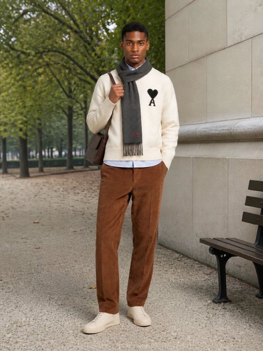 Ami paris corduroy trousers cream knit sneakers