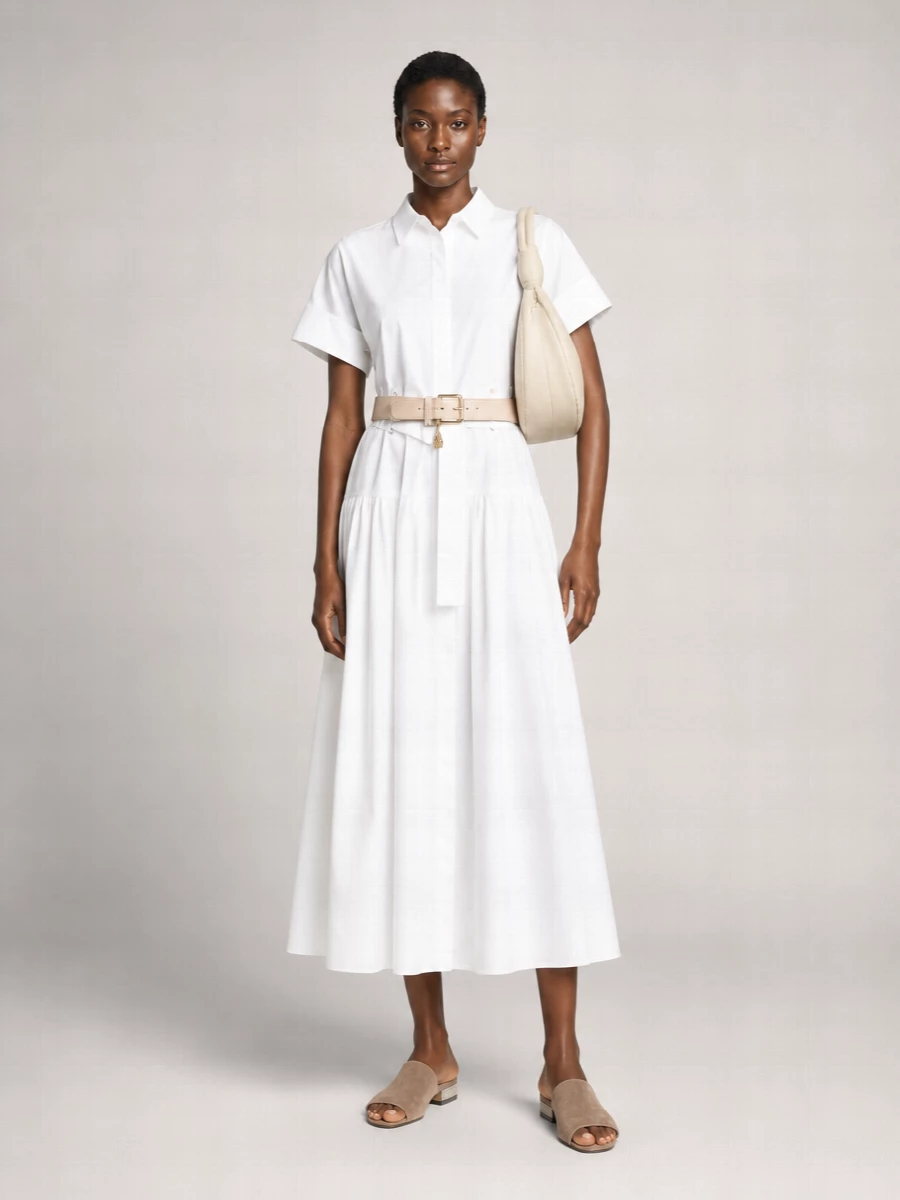 Max Mara Cotton Belted Short Sleeve Midi Dress