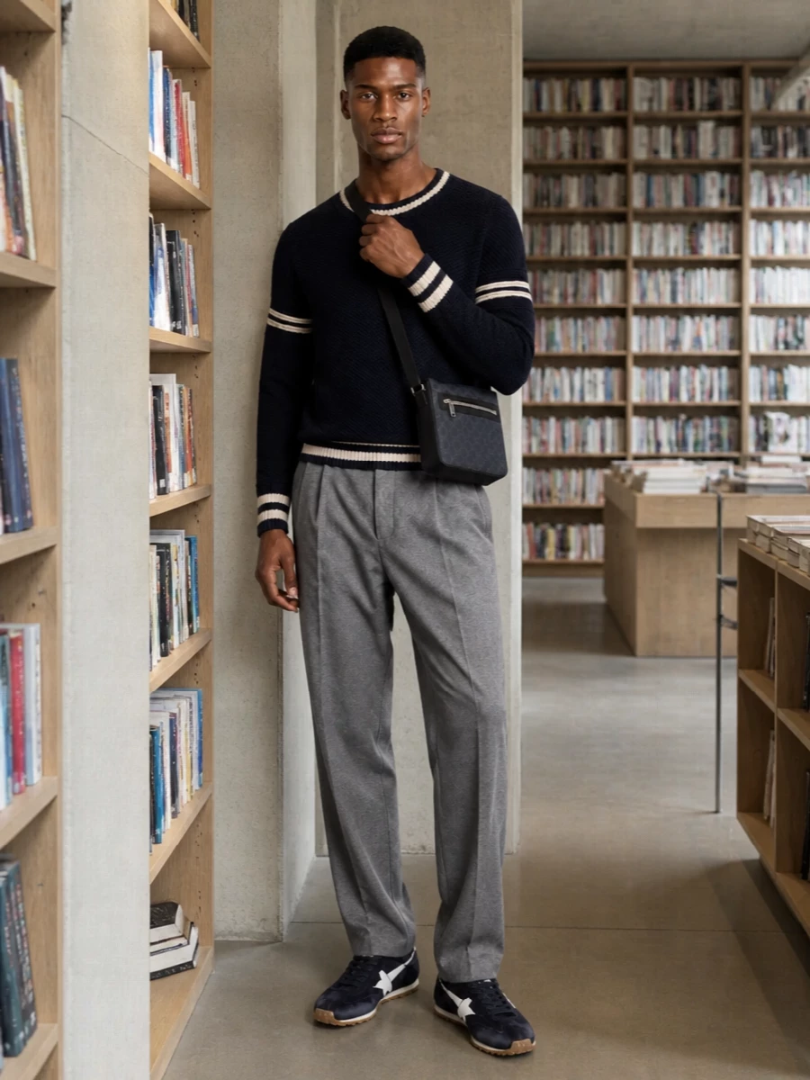 Golden goose sneakers grey trousers navy knit