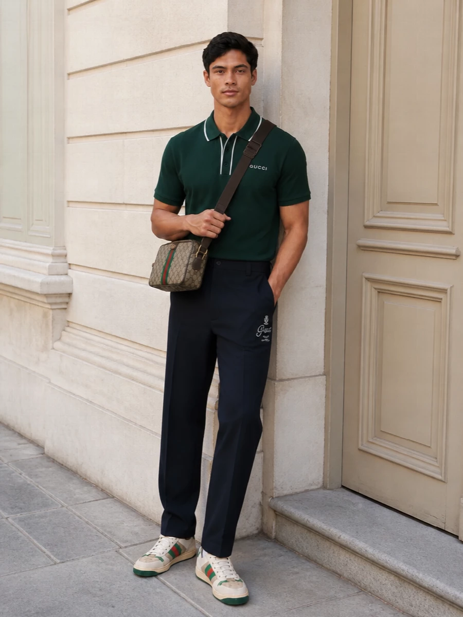 Gucci green polo navy trousers gg sneakers