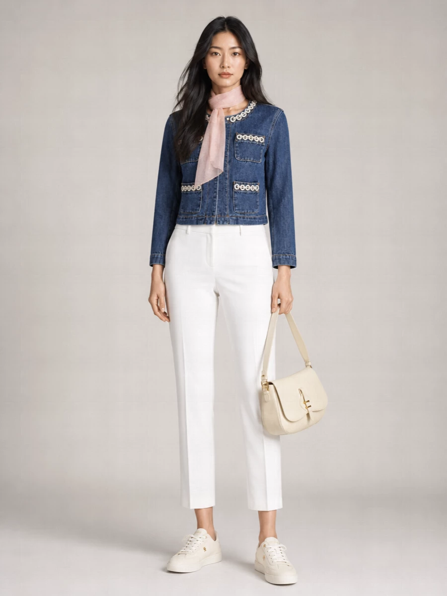 Self-Portrait Crystal-Embellished Cropped Denim Jacket