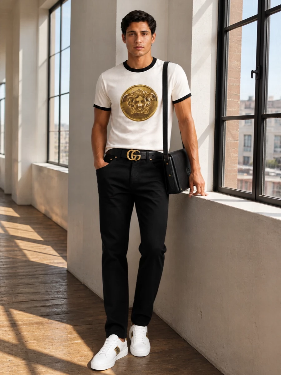 Versace medusa tshirt black jeans white sneakers