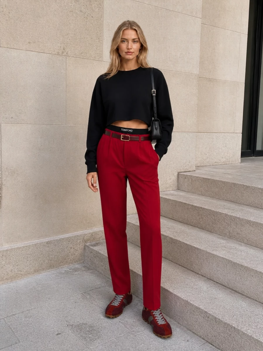 Tom ford red track pants cropped sweater sneakers