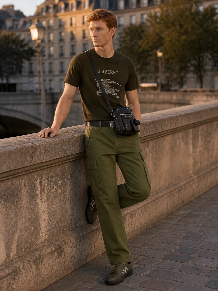 Burberry olive cargo trousers streetwear outfit