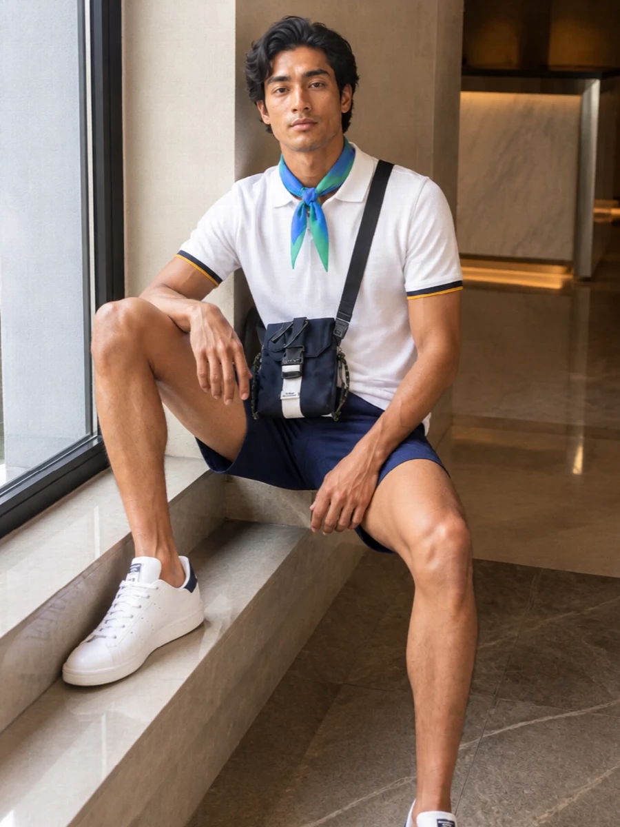 K way polo navy shorts adidas sneakers