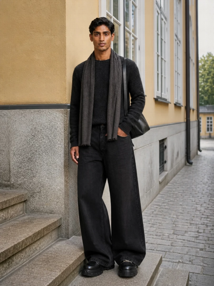 Rick owens knit wide leg jeans prada bag