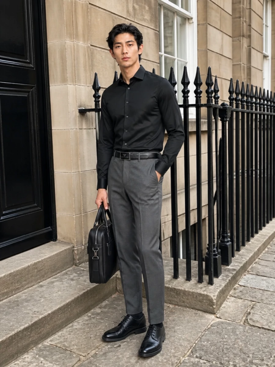 Emporio armani black shirt pt torino grey trousers