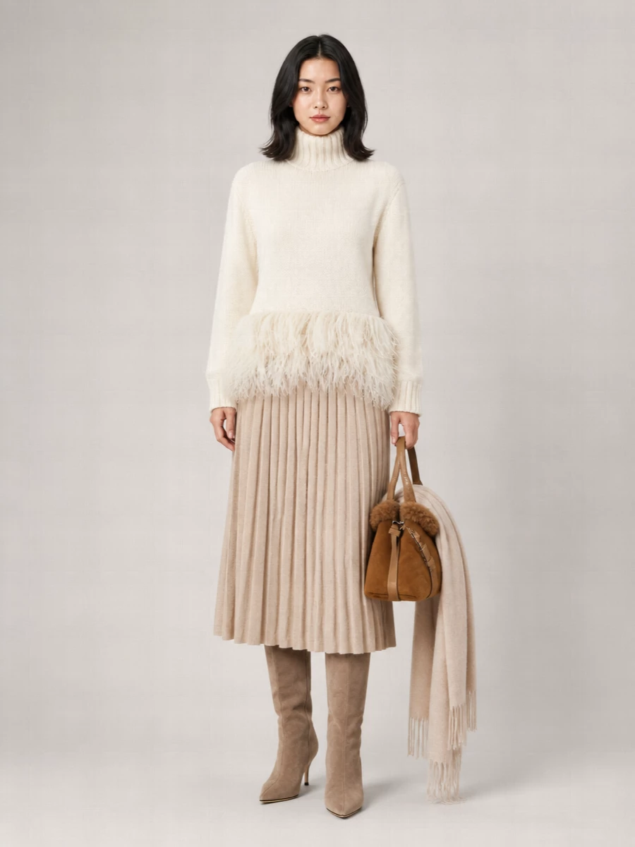 Fabiana Filippi Wool Silk Cashmere Ribbed Turtleneck Feather-Hem Jumper